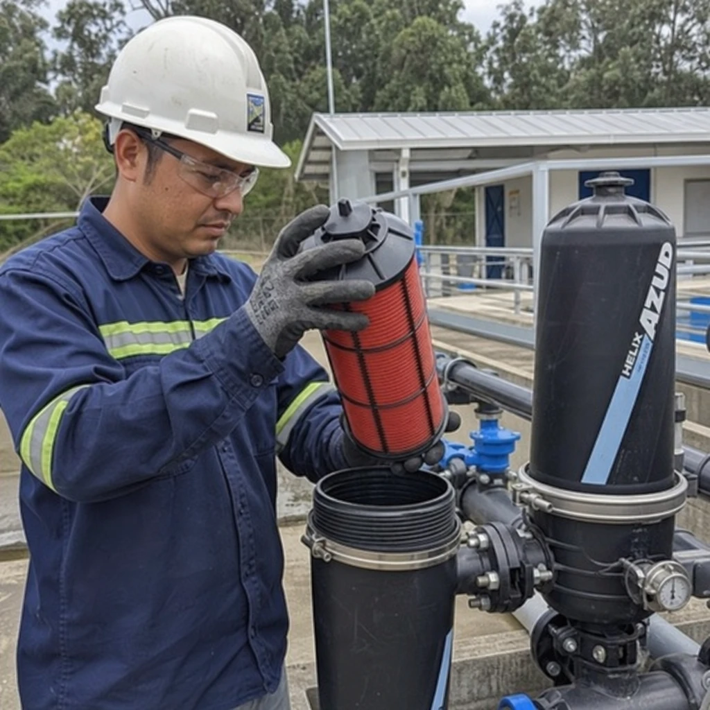 Operator inspecting a removable disc filter cartridge during routine maintenance