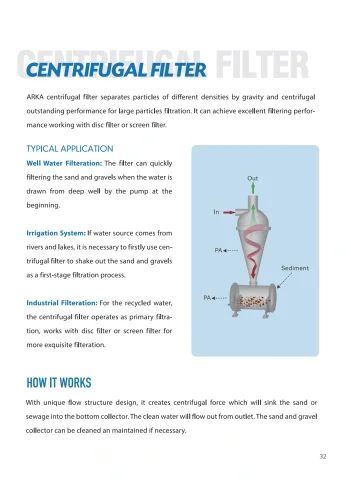 ARKA catalogue PDF page 33: Hydrocyclone Filter technical reference and related-model schedule