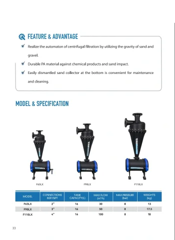 ARKA catalogue PDF page 34: Hydrocyclone Filter technical reference and related-model schedule