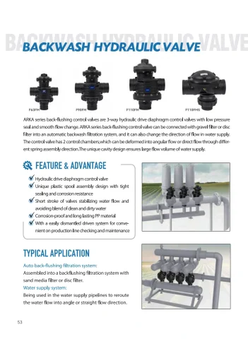 ARKA catalogue PDF page 54: Backwash Control Valve technical reference and related-model schedule