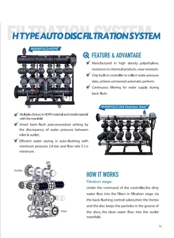 ARKA catalogue PDF page 77: Automatic Disc Filter System technical reference and related-model schedule
