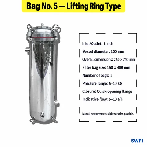 Bag No. 5 lifting-ring specifications | SWFI Series stainless steel bag filter housing