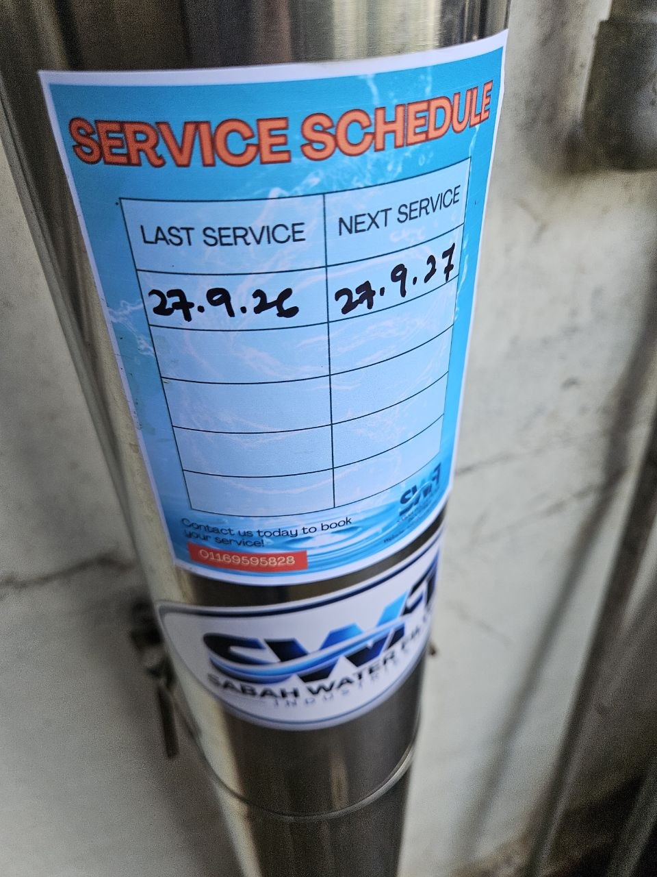 Filter service schedule label on the site equipment